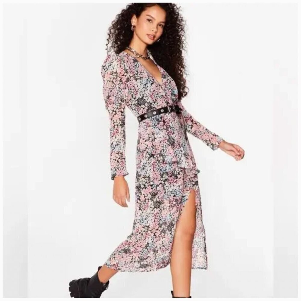 Nasty Gal Floral Faux Wrap Slip Midi Dress
